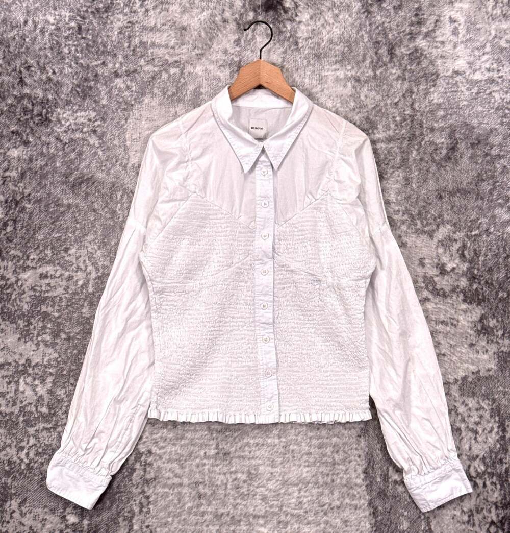 Anthropologie Top Medium Womens Maeve Smocked Corset Button Shirt White